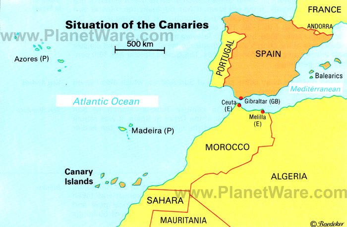 Map showing the relative location of the Canary Islands compared to Spain and Morocco